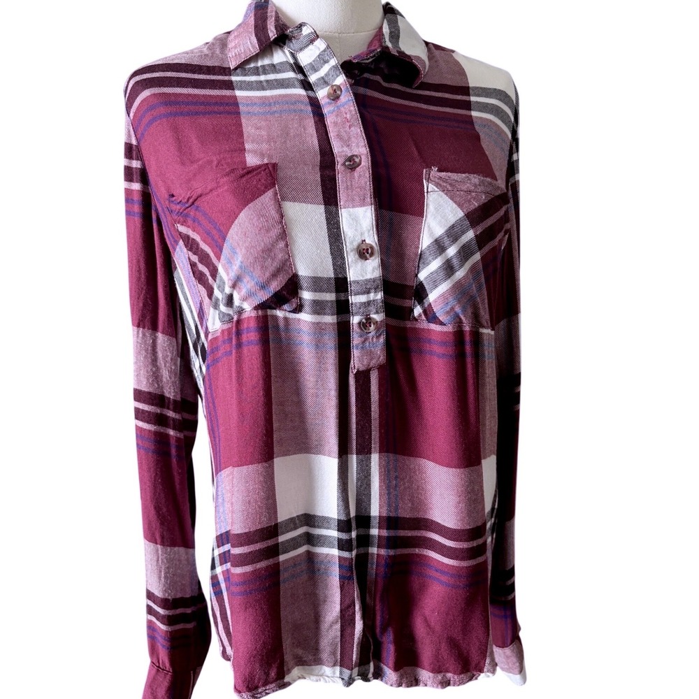 Charlotte Russe Womens Burgundy Plaid Button Up Shirt Long Sleeve Roll Tab Small